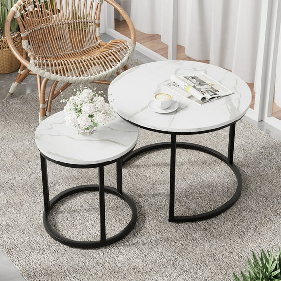 Algherohein Round Nesting Coffee Table Modern Marble Top Set of 2 for Living Room White