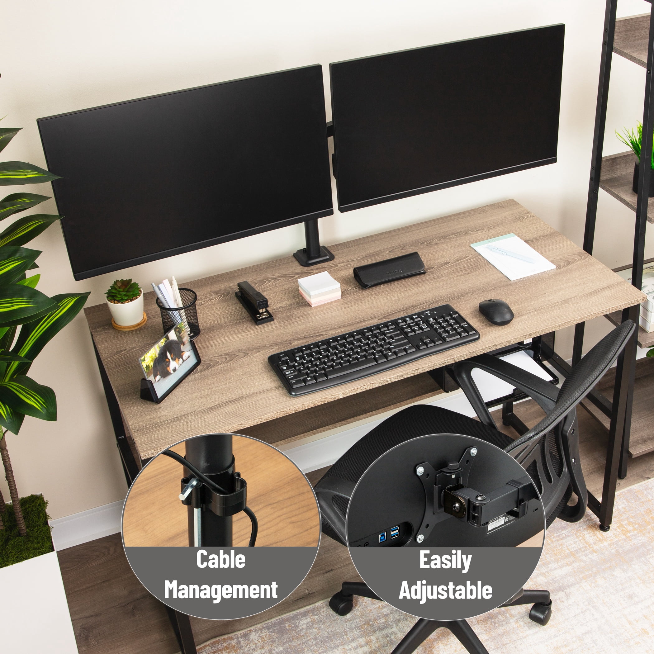 Mind Reader Dual Monitor Desk Mount for 13"-32" Screens, Adjustable VESA Mount with 180° Rotation, ±90° Swivel, ±45° Tilt, 17.6 lb Capacity Each, Black
