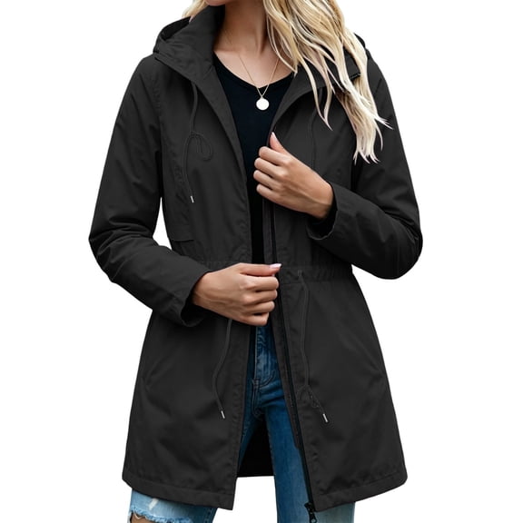 Women's Waterproof Jacket Baeitkot Women's Hooded Drawstring Waist Waterproof Jacket with Pockets for Outdoor Use Black M