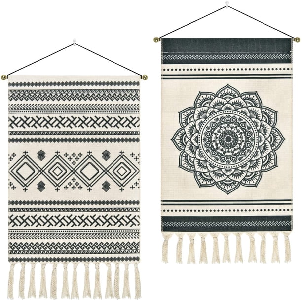 Tapiz tejido de 2 uds. Tapices de Mandala bohemio tapiz de arte geométrico tapiz gris oscuro colgante de pared para apartamento, dormitorio