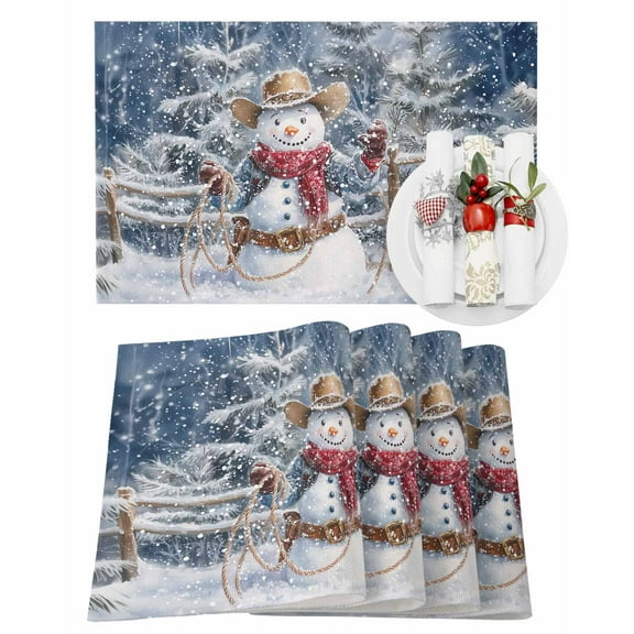 Christmas Placemats Set of 8 Western Cowboy Snowman Xmas Tree Blue Snow Scene Heat Insulation Washable Place Mats, Rustic Non-Slip Table Mats for Dining Table Party Kitchen Decor,13x19 Inch