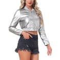 thumbnail image 4 of INSPIRE CHIC Women's Bomber Jacket Cropped Faux Leather Jackets Casual Zip Up PU Moto Bike Outwear L Silver, 4 of 6