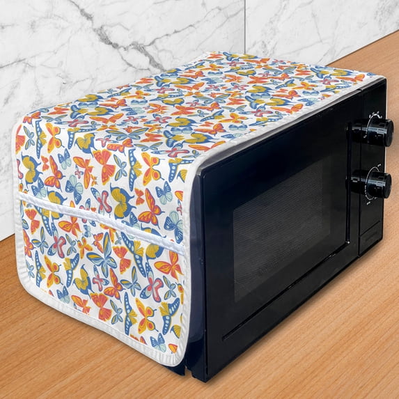 Butterfly Microwave Oven Cover, Repetitive Style Spring Insects Flying Creatures on Plain Backdrop, Water Resistant Organizer with Pockets for Kitchen, 36" x 12", Coral Yellow and Blue, by Ambesonne