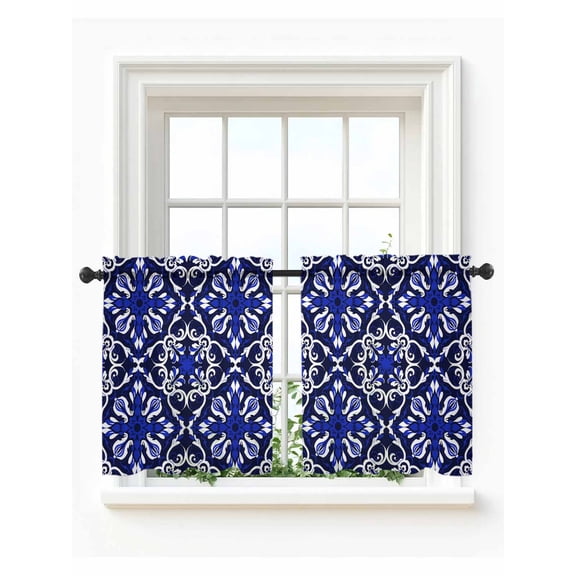 Blue Boho Floral,Tier Curtains 36 Inch Length,Sheer Curtains for Bedroom Living Room Window Abstract Oriental Bohemian Flower Rod Pocket Drapes Kitchen Curtains Small Half Window 27.5"x36" 2 Panels