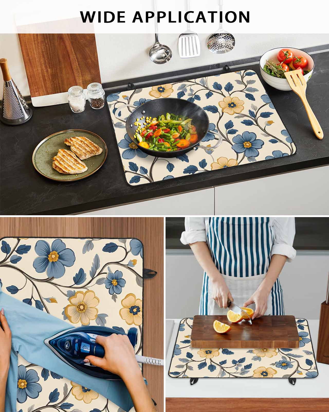 nqOlkjepod Large Induction Cooktop Protector Mat 24"x21", Blue Yellow Spring Floral Stove Top Covers for Electric Stove, Botanical Garden Flowers Stove Burner Cover Mats, Glass Top Stove Cover