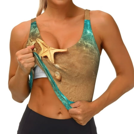 Qokaie Starfish And Seashell 1 Pattern Womens Scoop Neck Sports Bra Breathable Workout Vest Padded U Back Medium Impact Fitness Gym Yoga Bra Workout Crop Top