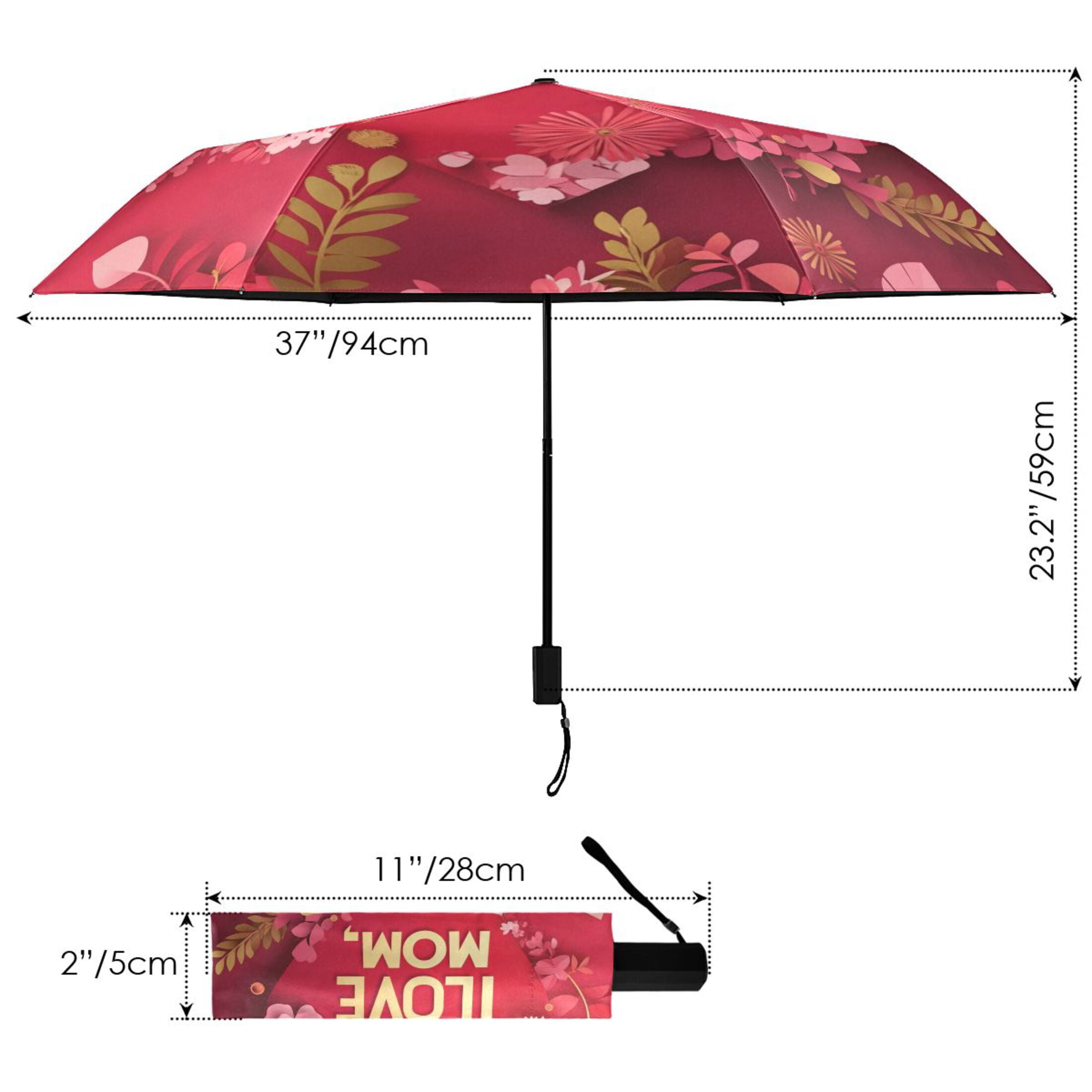 Love Mom Flowers Mothers Day All Weather Umbrella Triple Folding Parasol 6 Ribs UV Protection Portable