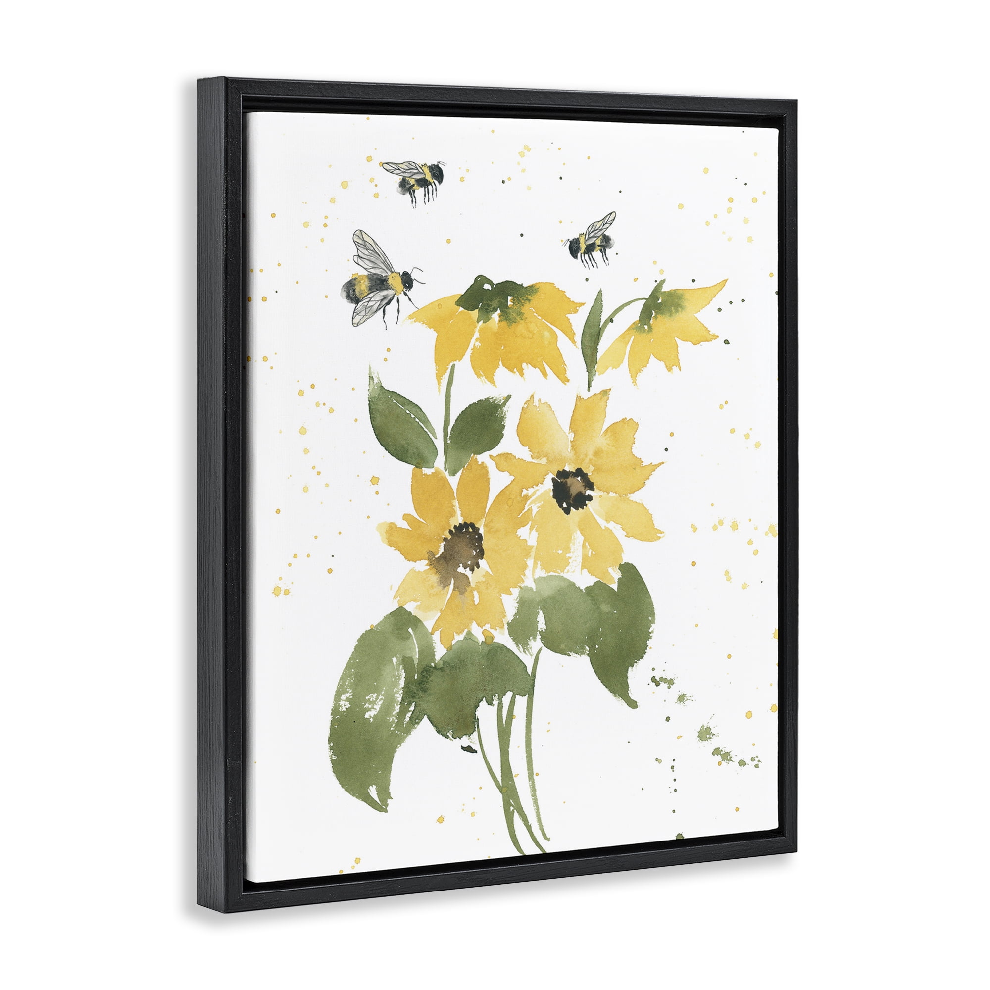 Stupell Industries Bumble Bees & Daisies Botanical & Floral Painting Black Floater Framed Art Print Wall Art, 25 x 31