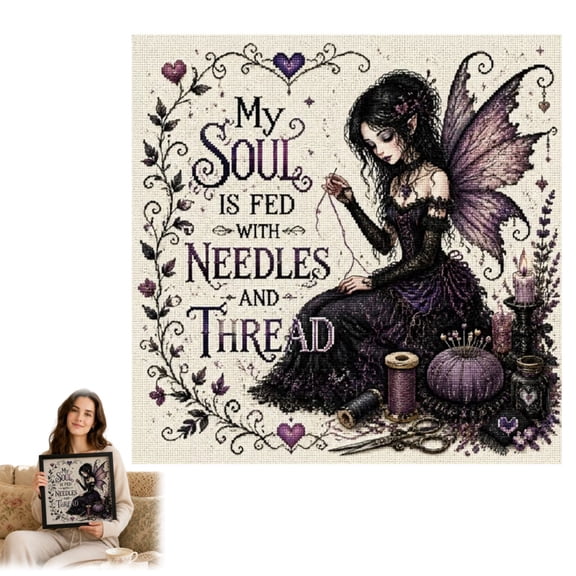 Gothic Embroidery Cross Stitch Kits for Adults- Kits for Beginners Needlepoint DIY Craft with Needles Threads(My Soul Is Fed With Needles And Thread)