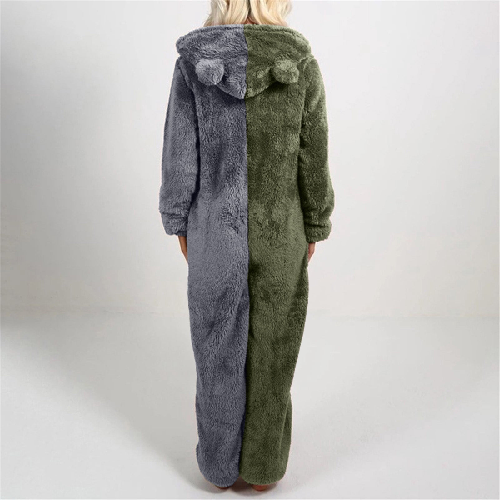 JURANMO Womens Winter Warm Hooded Fleece Sherpa Jumpsuits,2024 Women Long Sleeve Trendy Contrast Color Patchwork Full Zip Jumpsuit Pajamas with Two Cute Ears Casual Plus Size Rompe Sleepwear