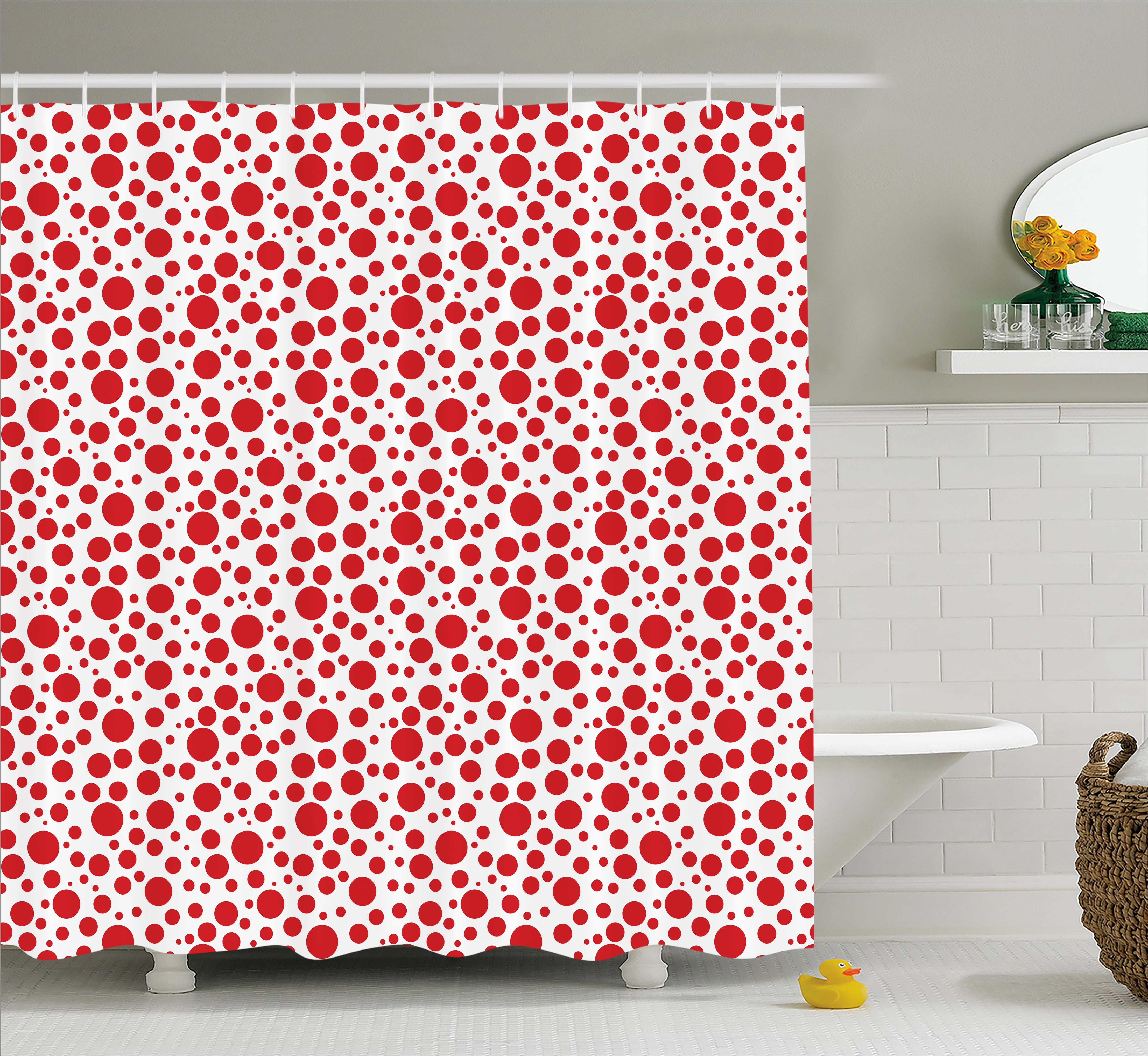 Abstract Shower Curtain, Red Polka Dots on White Background Bubble Like
