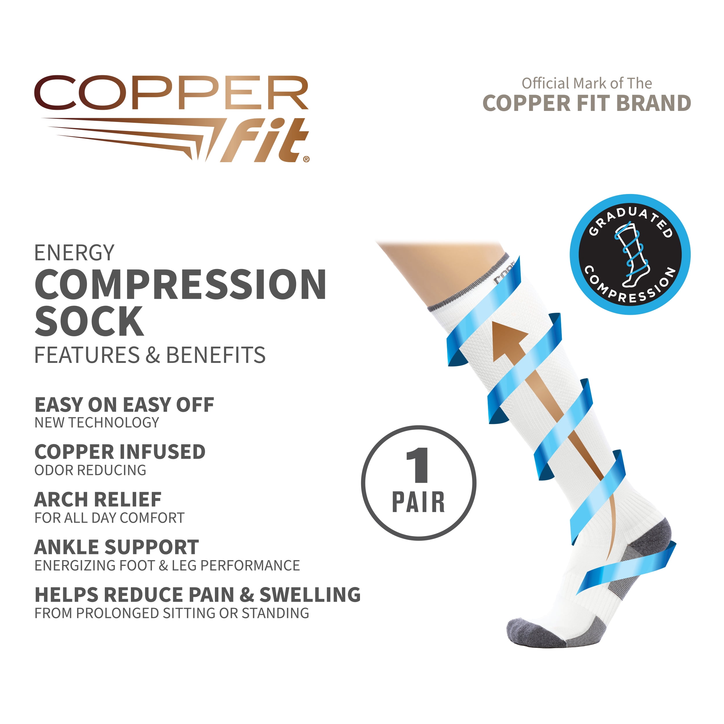 Copper Fit® ENERGY Compression Socks | Easy On/Off | For Men & Women | White, S/M