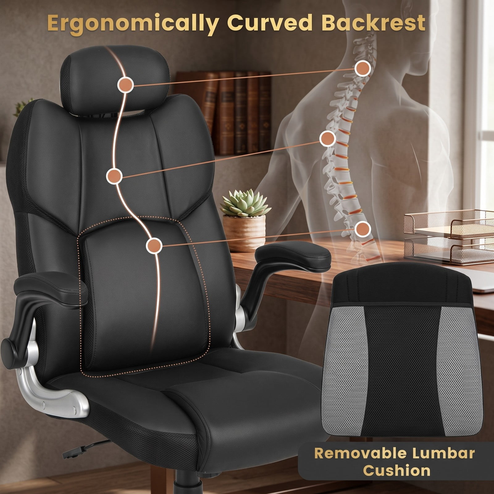 Furnibear Kneading Massage Office Chair, Ergonomic High Back Executive Desk Chair with Adjustable Headrest, Lumbar Support, Rocking, 360 Swivel Leather Computer, Black