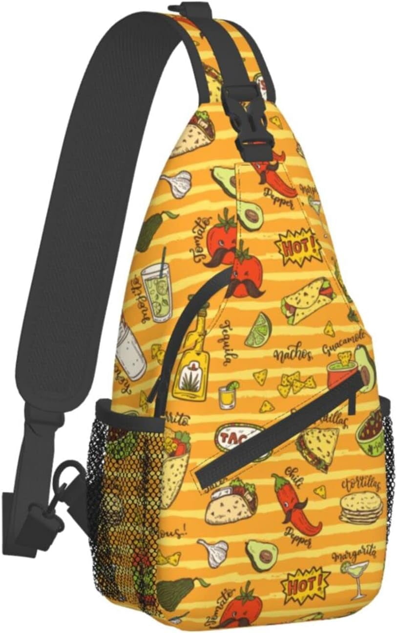 Cartoon Hand Drawn Mexican Food Pattern Sling Bag Crossbody Hiking Travel Chest Bags Backpack Shoulder Daypack for Women Men