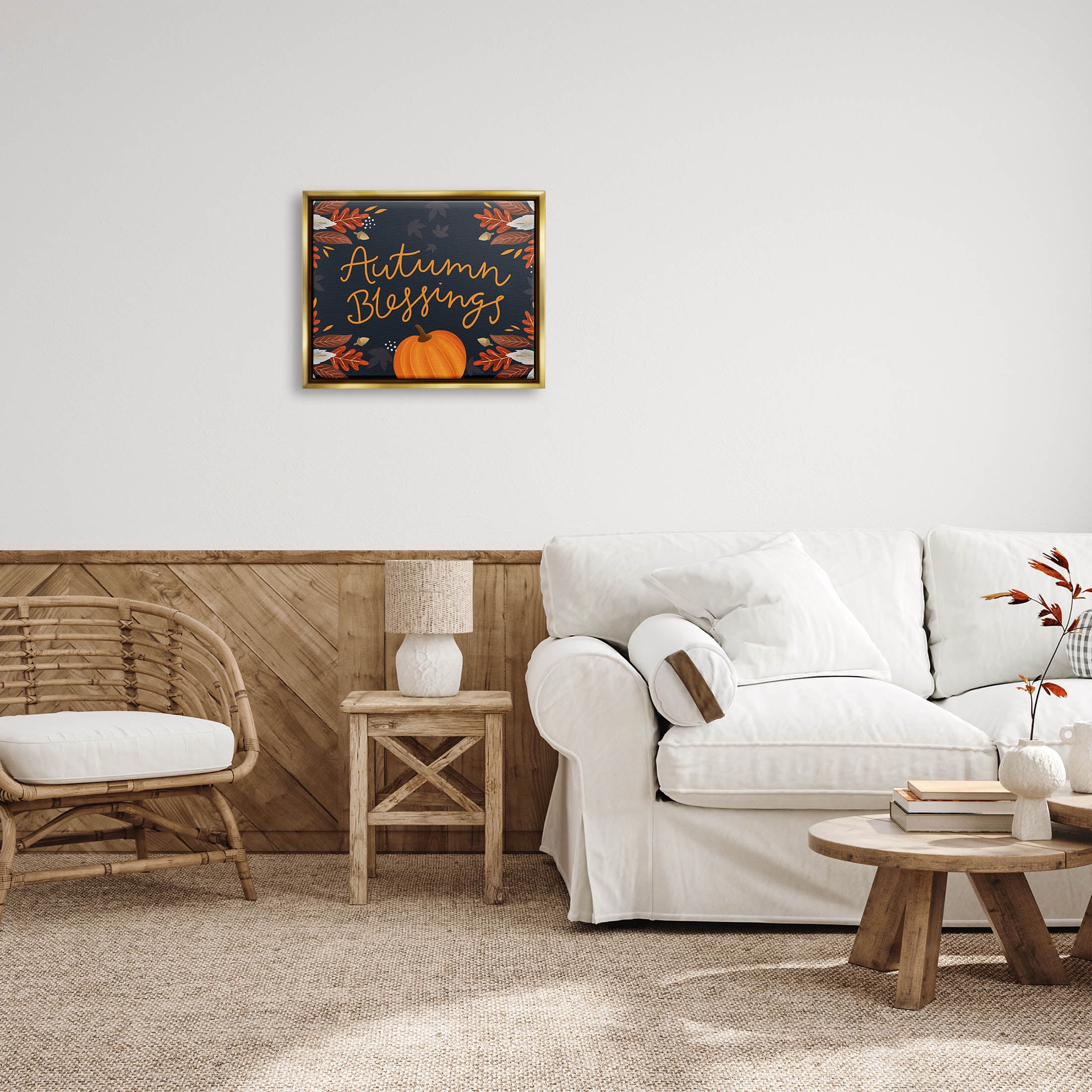 Autumn Blessings Fall Leaves Pumpkin Holiday Graphic Art Metallic Gold Framed Art Print Wall Art