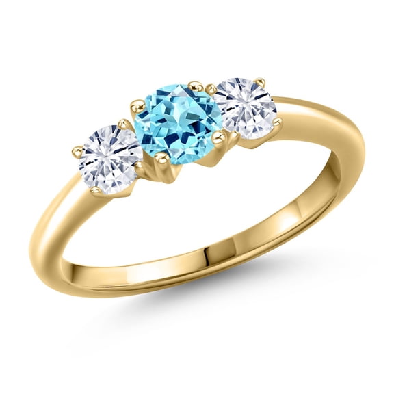 Gem Stone King 10K Yellow Gold Blue Apatite and White Moissanite Engagement Ring for Women | 0.96 Cttw | Round 5MM | Gemstone Birthstone | Size 8