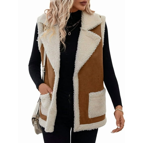 Women'S Faux Suede Vests Sleeveless Jackets V Neck Button Down Fleece Casual Fall Winter Outerwear Caramel Color L
