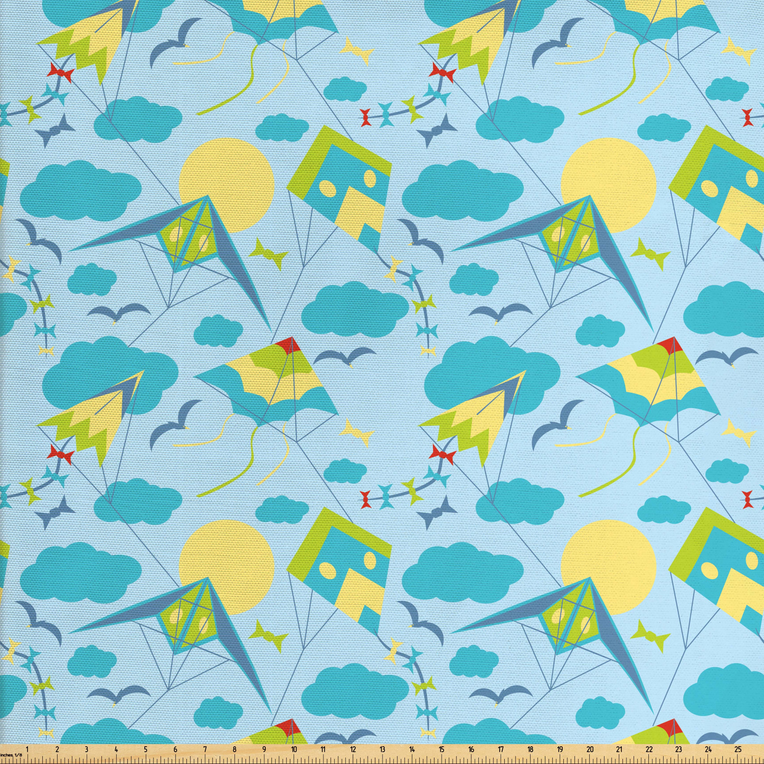 Kites Fabric by The Yard, Birds and Kites Flying in the Sky Sunny Day with Clouds Summer Season