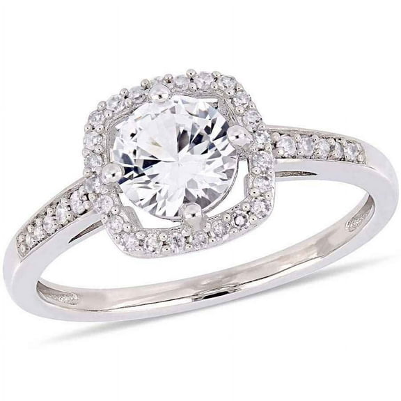 AMOUR 1 CT TGW Created White Sapphire and 1/7 CT TW Diamond Halo Ring In 10K White Gold