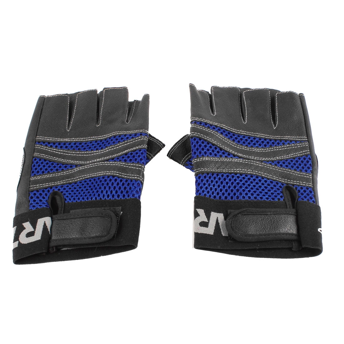 Pair Man Black Blue Faux Leather Mountain Bike Skiing Half Finger Gloves by Unique-Bargains