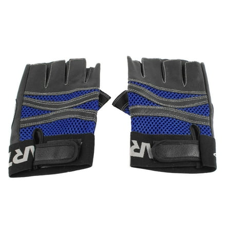 Pair Man Black Blue Faux Leather Mountain Bike Skiing Half Finger (Best 3 Finger Ski Gloves)