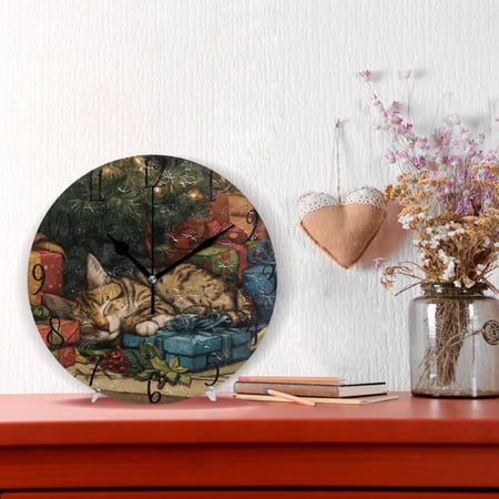 10 Quartz Indoor Wall Clock Silent Mechanism / Tabby Cat and Christmas Presents image