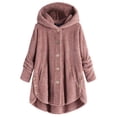 thumbnail image 2 of Winter Women Plush Hooded Coat Long Sleeve Solid Fuzzy Fleece Casual Overcoat Button up Ear Hooded Jacket Outwear with Pocket, 2 of 7