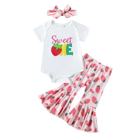 

Baby Girls Casual Outfit Sets Short Sleeve Strawberry Embroider Romper Bodysuit And Bell Bottoms Pants Outfit Sets 2 Piece 12-18 Months