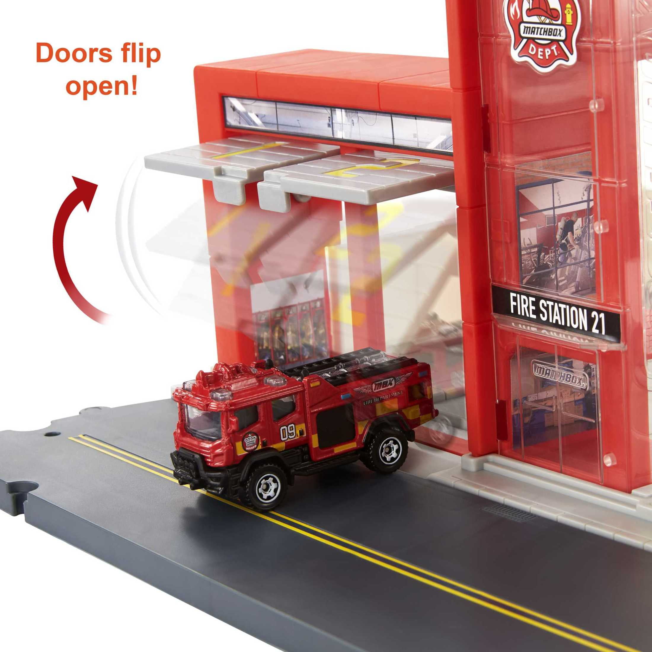 Matchbox Action Drivers Fire Station Rescue Playset & 1:64 Scale Toy Firetruck with Lights & Sounds