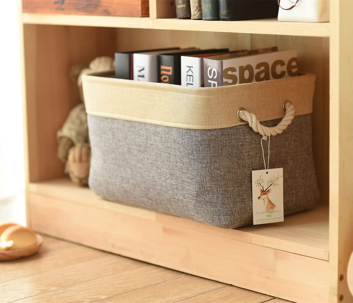 Tegance Small Storage Baskets for Shelves, Storage Cube Organizer, Storage Bins, 12 x 8 x 5 Inches, Rectangle Canvas Fabric Collapsible Shelf Box with Handles, Gold & Grey