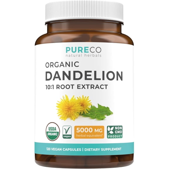 Pure Co USDA Organic Dandelion Root Extract - High Potency 10:1 Dandelion Root Supplement with 5000mg Herbal Equivalent Strength for Liver Cleanse Detox & Repair Support (4 Month Supply)