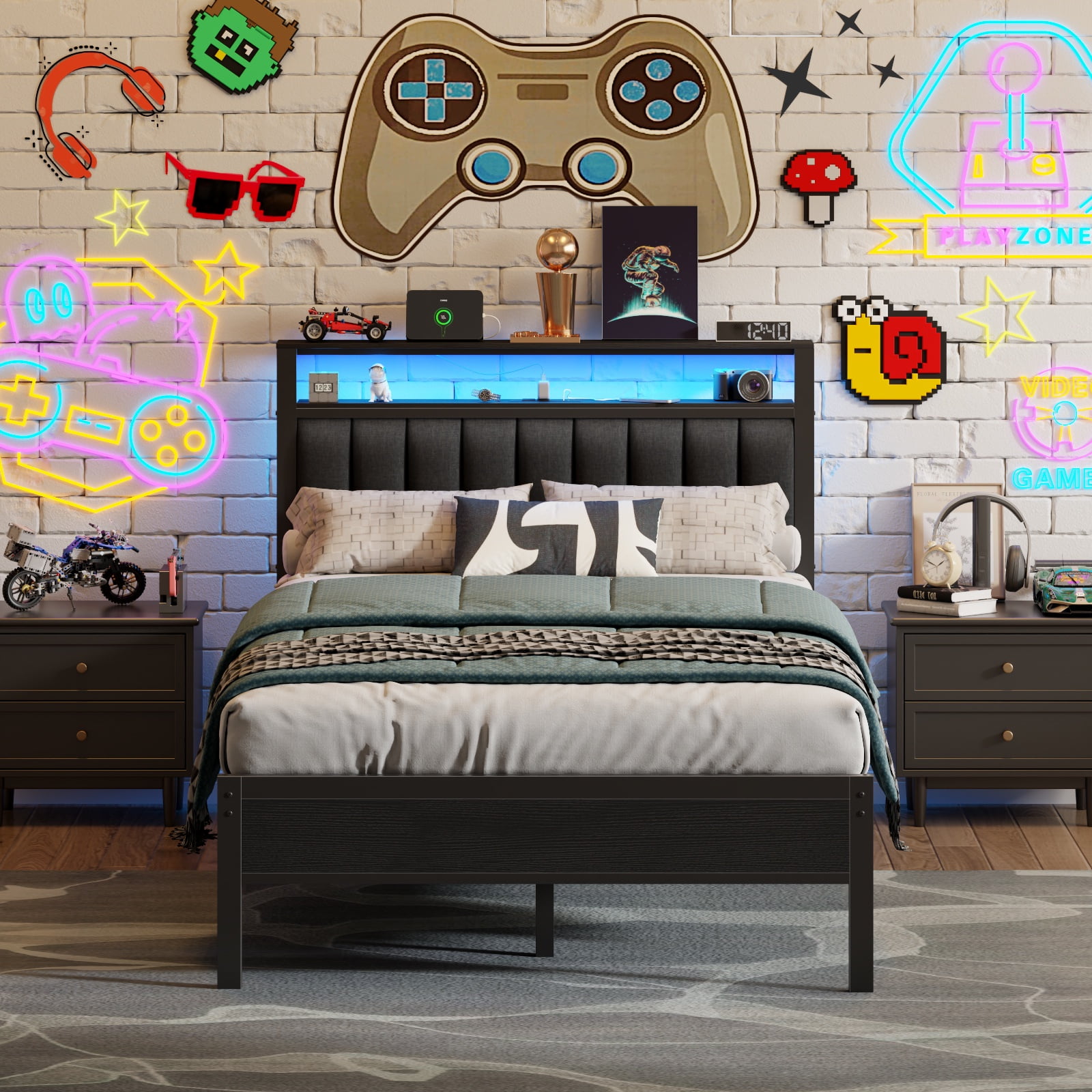 Tydimor Full Size Platforrm Bed Frame with Charging Station, LED Standard Storage Space Bed for Bedroom, No Box Spring Needed
