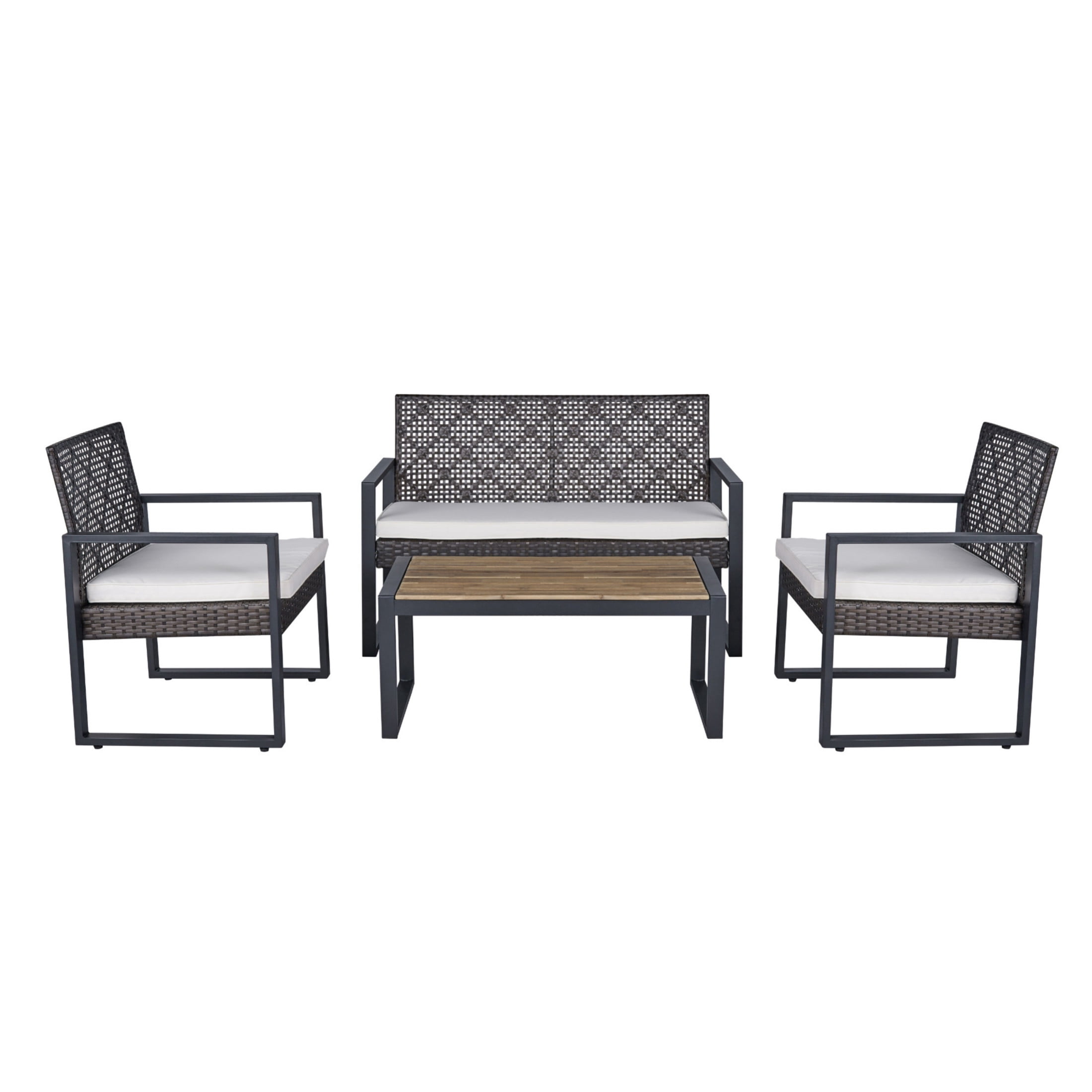 Noble House 4-Piece Patio Furniture Set, Acacia Wood & Rattan Outdoor Conversation Set, Black & Brown