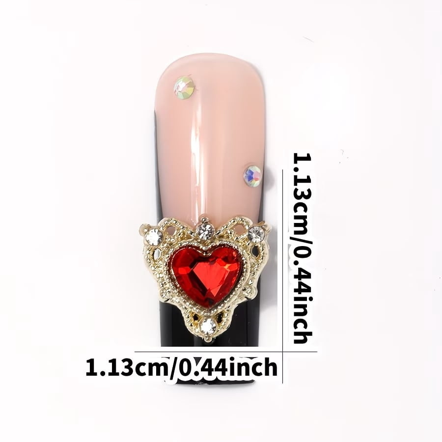 60 Pieces Red and Gold Heart Shape Nail Art Accessories, Luxury Alloy Three-Dimensional Rhinestone Patch, Women's DIY Nail Art Jewelry Accessories