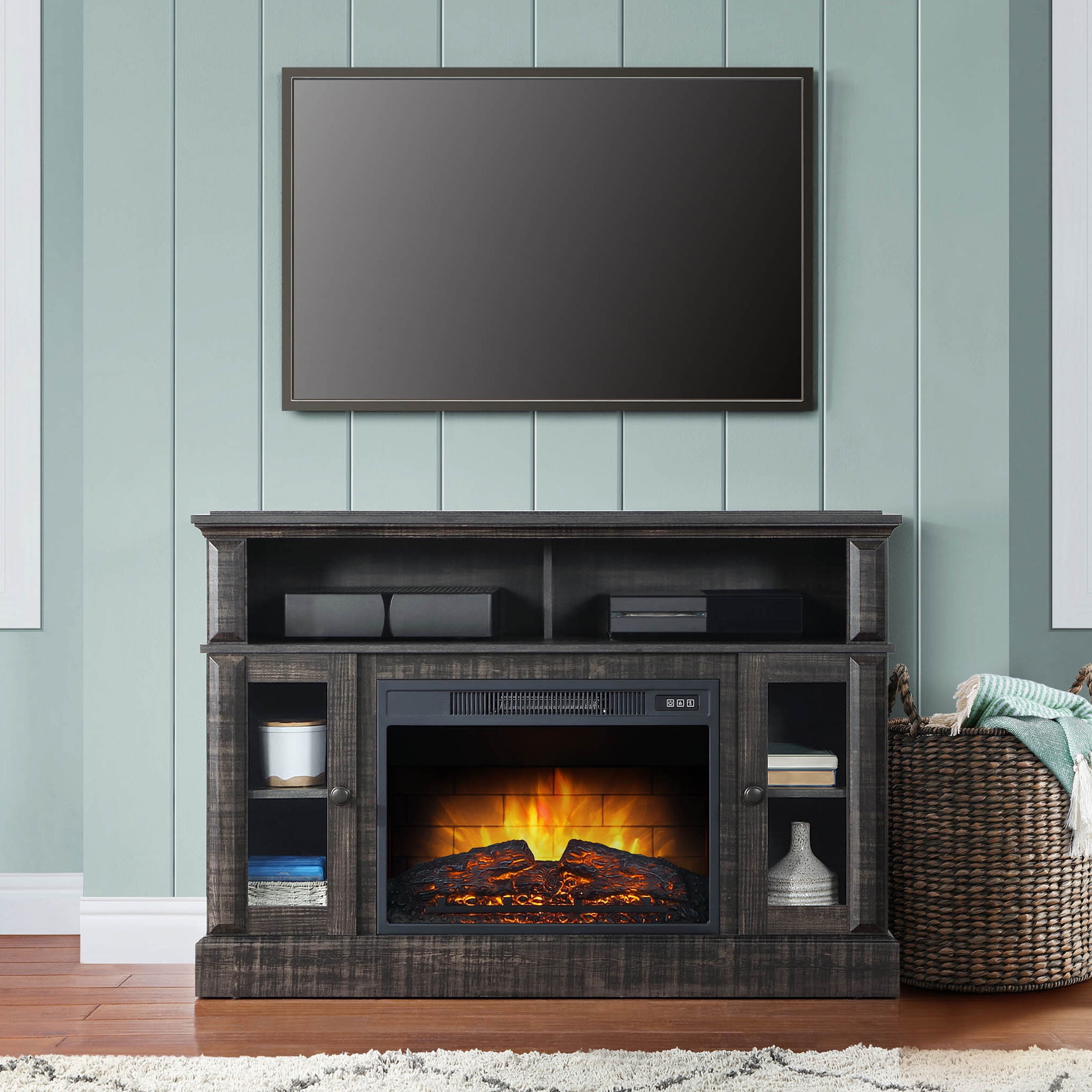 Teal tv online stand with fireplace