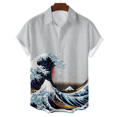 thumbnail image 3 of Camisa hawaiana de manga corta con estampado 3D de olas para hombre, informal, versátil, retro, minimalista, con solapa y botones para vacaciones en la playa, 3 of 5