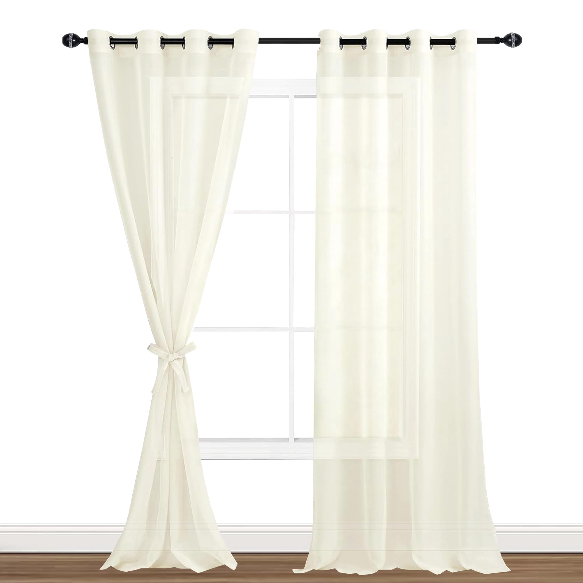 Hiasan Ivory Sheer Curtains with Tiebacks-Light Filtering Contemporary Window Drapes for Living Room, Bedroom, Grommet, 52" x 90", Set of 2