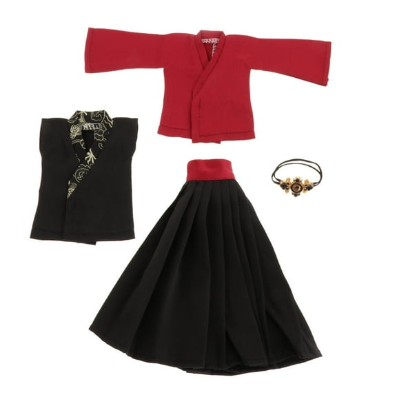 Handmade Doll Wind Coat for 12 Inch , Casual Clothing Gifts, Accessories - Red Black Full Set