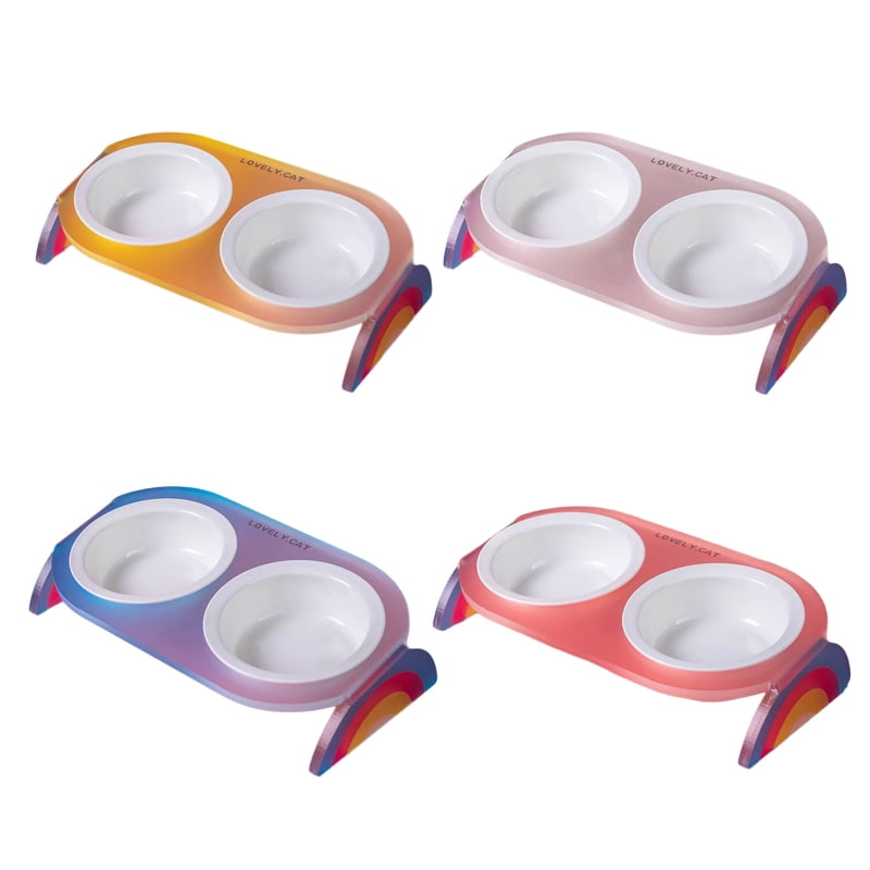 Yiran Ceramic Double Cat Bowl with Rainbow Stand, Blue