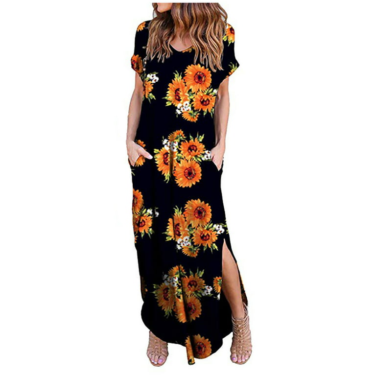 gakvbuo Summer Savings Clearance Summer Dresses For Women 2022 Plus Size  Dress Casual Dress Solid Color/Floral Loose Boho Dresses Short Sleeve Maxi  Dresses With Pockets 
