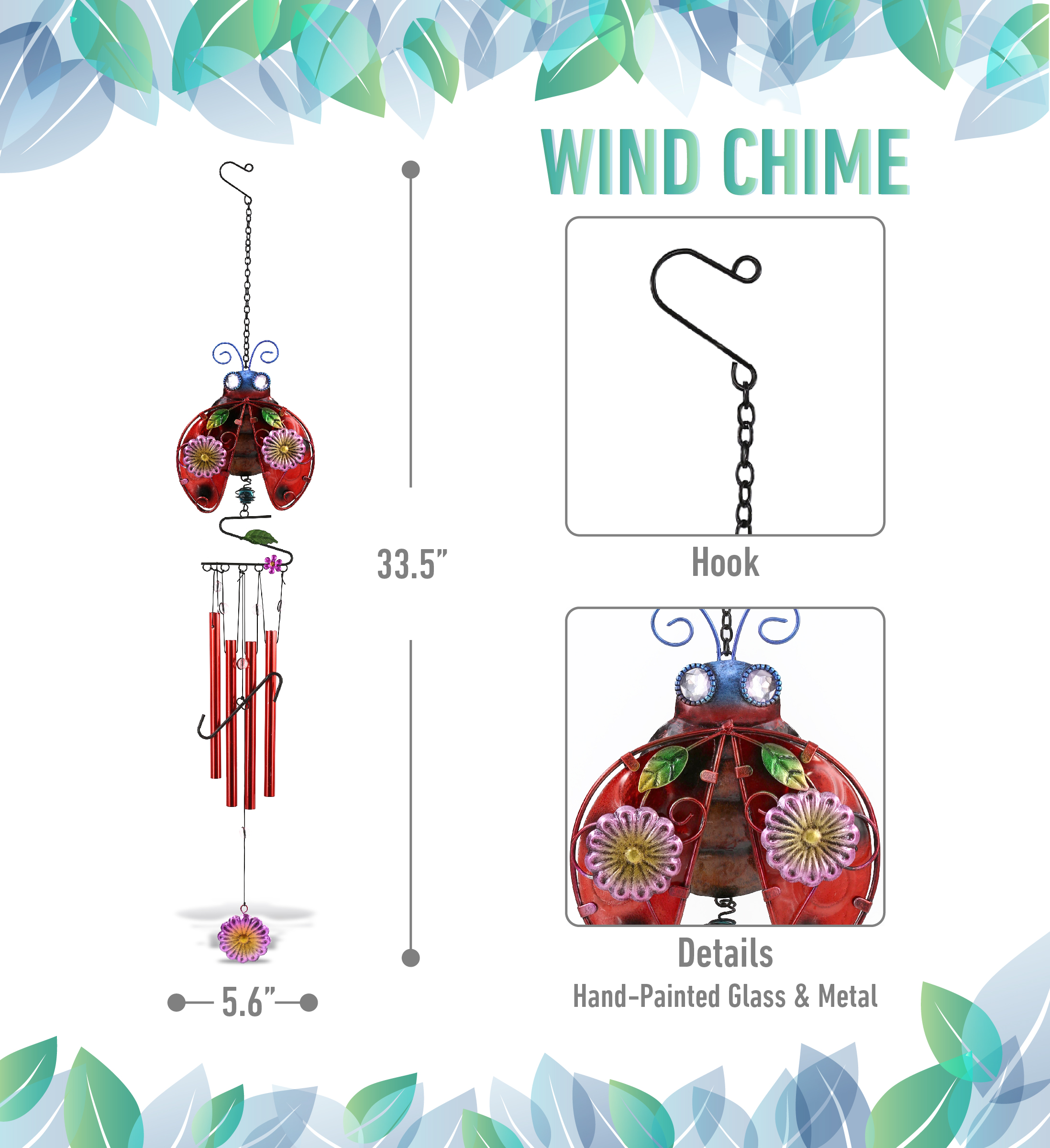 CoTa Global Ladybug Wind Chime - Handmade Glass and Metal Chime - Bug Wild Life Hanging Decor - Colorful Home Decor Gift, Indoor and Outdoor Hanging Decoration For Porch, Patio, and Garden - 33.5 Inch