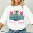 thumbnail image 4 of Merry & Bright Christmas Tree Graphic Print T-Shirt | Pink Holiday Bow Design | Comfort Colors Blossom Tee, 4 of 7