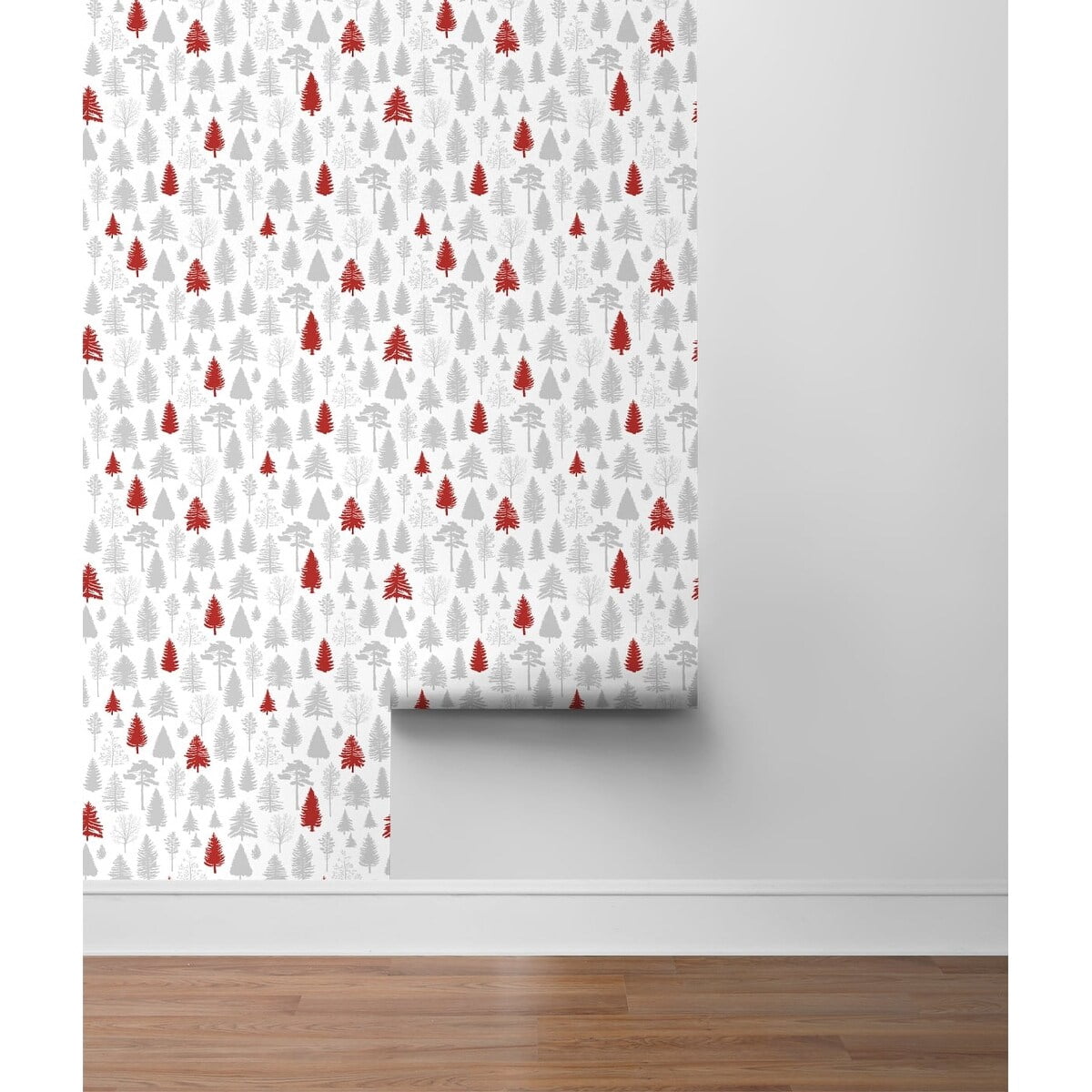 NextWall  Winter Forest Christmas Peel and Stick Wallpaper Grey & Red
