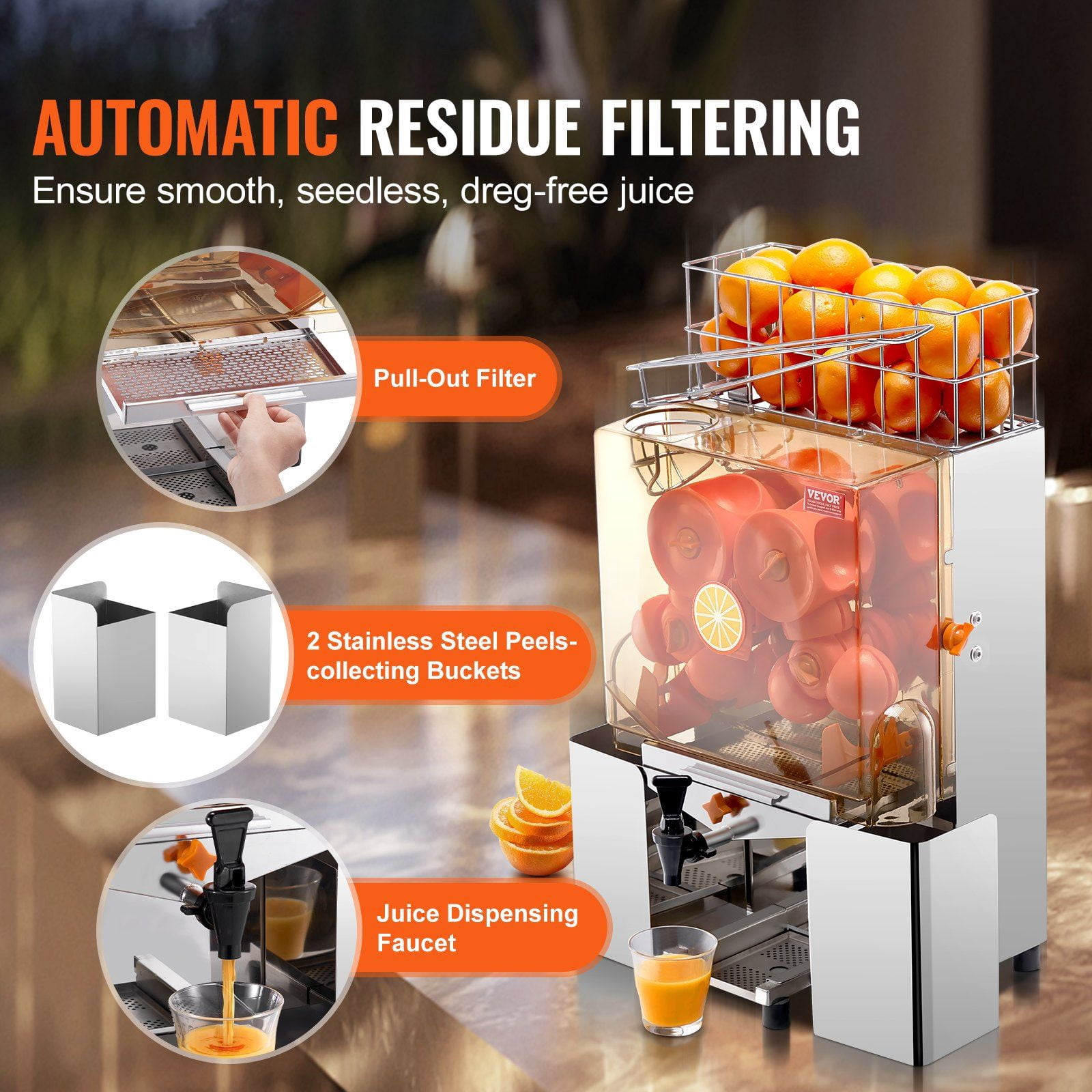 HCY Commercial Orange Juicer Machine, 120W Automatic Juice Extractor with Water Tap, Stainless Steel Orange Squeezer 20 Oranges/Minute, with Pull-Out Filter Box, PC Cover, 2 Peel Collecting Buckets