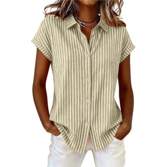 Lenpel Button down Shirts for Women Short Sleeve Collared Striped Cotton Linen Tops Business Casual Blouses