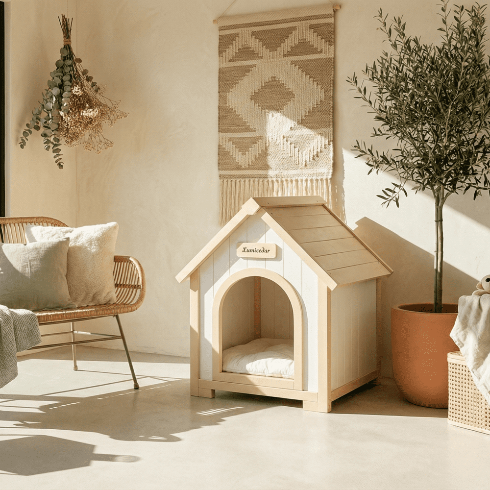 Solid Cedar Pet House – Cream-Yellow Cabin-Style Indoor Shelter for Small Dogs and Cats