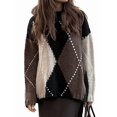 thumbnail image 2 of Women Color Block Argyle Plaid Oversized Chunky Knit Crewneck Sweaters Black S, 2 of 9