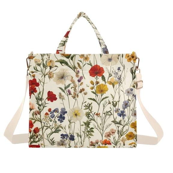 FORMRS Womens Corduroy Tote Bag Crossbody Shoulder Handbag with Pocket, Beige Floral