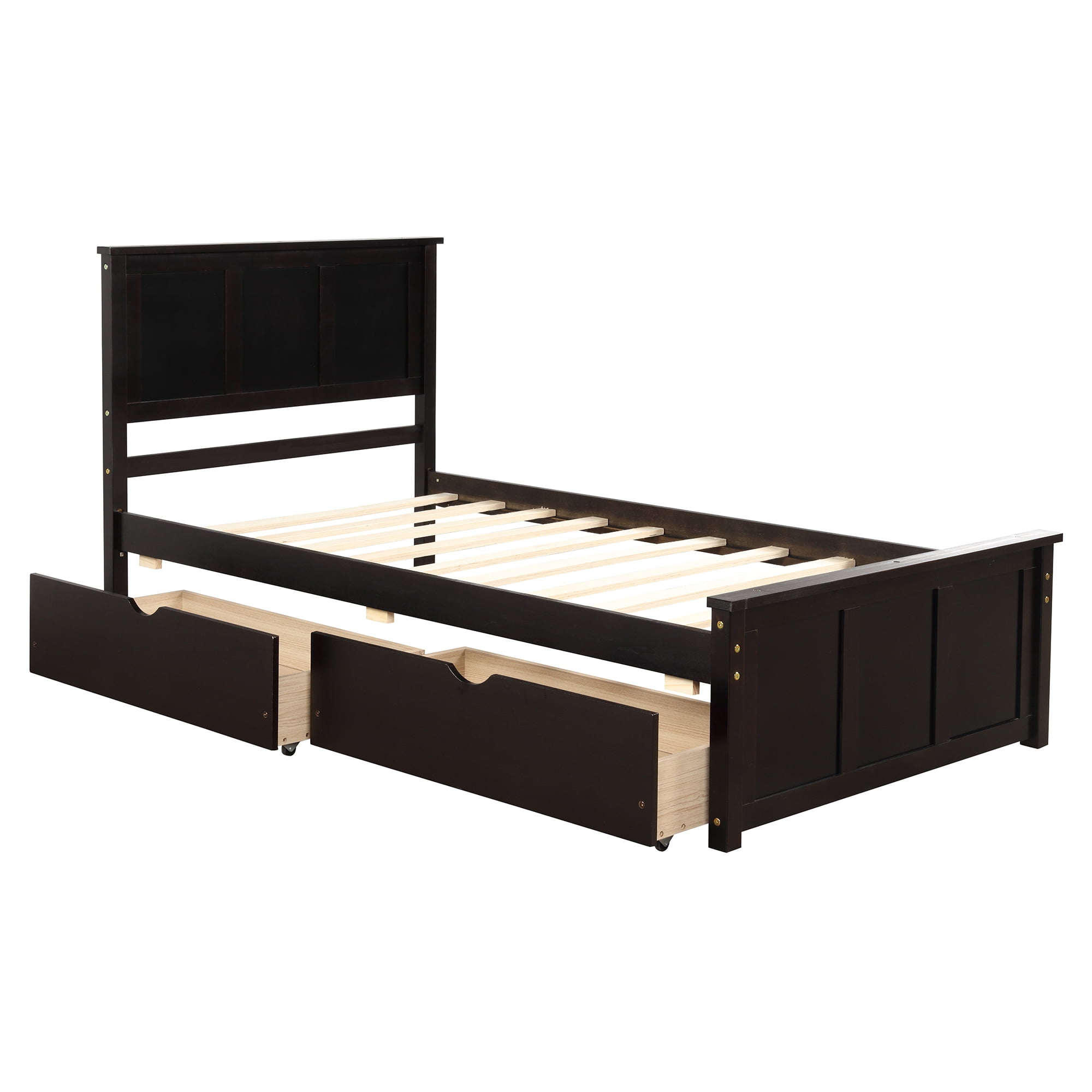 Euroco Wood Twin Size Platform Bed with Drawers for Kids Teens, Espresso