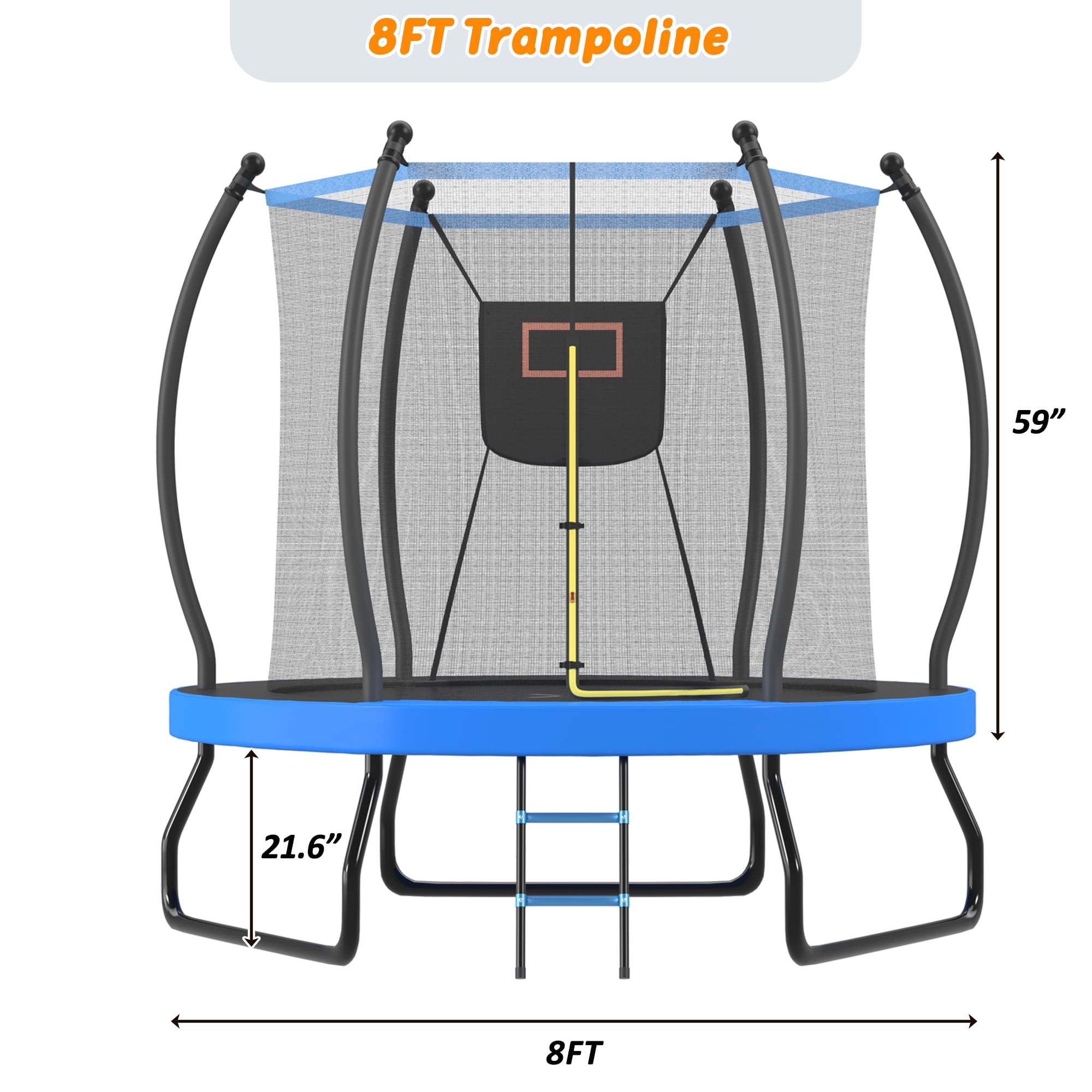 8FT Trampoline with Basketball Hoop, Enclosure Net and Ladder, Outdoor Recreational Backyard Trampoline